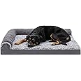 Furhaven Orthopedic Dog Bed for Large Dogs w/Removable Bolsters & Washable Cover, For Dogs Up to 95 lbs - Two-Tone Plush Faux Fur & Suede L Shaped Chaise - Stone Gray, Jumbo/XL