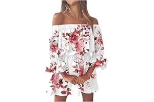 SUNNYUK Vestidos de Verano Mujer 2022 Largos Baratos Vestidos de Verano para Mujeres 2022 Beach Sexy Off Shoulder Túnica Sundresses Casual Loose Fit Bell Sleeve Mini Vestido Floral Vestido Mod