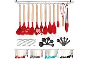 Berglander Set di Utensili da Cucina in Silicone 38 Pezzi Antiaderenti, Utensili da Cucina con Manico in Legno con Ganci Muti-Uso e Portautensili (Rosso)