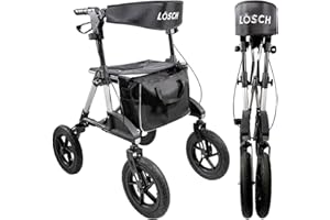 Lösch Reha Rollator TABAS Gr.S I Outdoor Rollator faltbar und leicht I Kleinster Rollator mit Luftbereifung, inkl. Sitzfläche, Tasche & Stockhalter I höhenverstellbarer City Gehwagen I Gehhilfe Silber