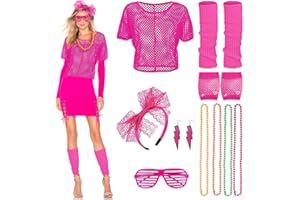 mizikuu Disfraz Años 80 Mujer, Ropa Años 80 Disfraz Accesorios de Traje neón camiseta, Pendientes ​Fishnet Guantes Collar Pulsera para Retro Carnaval Fiesta Temática Cosplay Talla única