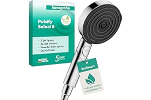hansgrohe Pulsify Select S - Pommeau de douche économie d'eau avec 9 l/min (EcoSmart), Douchette à main avec 3 types de jet (Edition Relaxation), Douchette ronde (diamètre 105 mm), Chromé