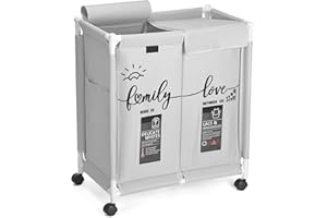 Hivexagon 2 Section Laundry Basket with Lid, Laundry Hamper, Laundry Sorter, 110L Large Oxford Clothes Laundry Sorter with Rolling Wheels, Lid and Sorting Cards for Clothes & Toys Storage Light Gray