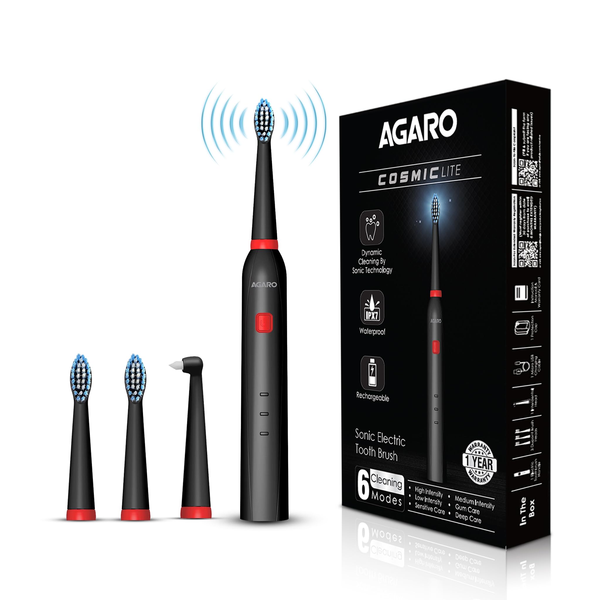 AGARO COSMIC Lite Sonic Electric Toothbrush for Adults with 6 Modes, 3 Brush Heads, 1 Interdental Head and Rechargeable with 