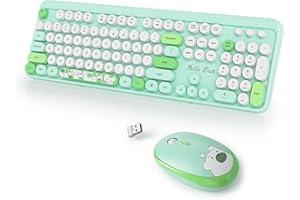 SbocKeeb Tastiera e Mouse Senza fili, Americana QWERTY，Cute Tastiera Wireless con Tastierino Numerico, 2.4 GHz Retro Macchina Da Scrivere Full-size with Tasti Rotondi（Bear Green）