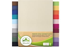 ‎LEEVITEX Premium Spannbettlaken, extra schwer und dick, 97% Mako-Jersey-Baumwolle und 3% Elasthan, auch Boxspringbett geeignet, 90 x 200-100 x 220 cm, Cremé/Naturweiß