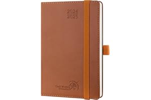 POPRUN Agenda 2024 2025 Pequeña de Bolsillo 16 x 10,5 cm, Planificador Semanal 17 Meses de Ago.2024 - Dic.2025, Porta Boligrafos Autoadhesivo, 80 GSM Papel Certificado FSC®, Marrón