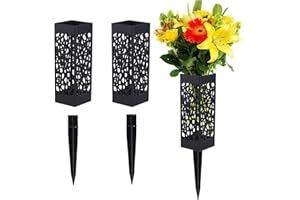 HCLRW 2 Pcs Grave Flower Holders, Cemetery Vase for Fresh/Artificial Flowers, Grave Decorations 7"Plastic Rectangle Vases with 5" Detachable Long Spike | Black