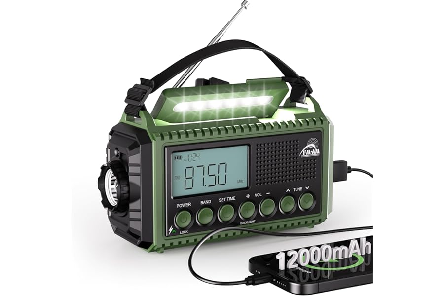 Mesqool Portable Wind Up Hand Crank and Solar Powered Radio with USB Phone Charger, Emergency Radio with SOS Alarm and Flashlight, AM/FM/SW Radio with 12000mAh Rechargeable Battery for Outdoor