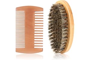 TWOBUD Beard Brush Comb Set for Men Wooden Portable Hair Moustache Kit Boar Bristle Beard Brush for Combing Beard Hair Removing Debris Massages Face To Tame and Soften Your Facial Hair(Brown)