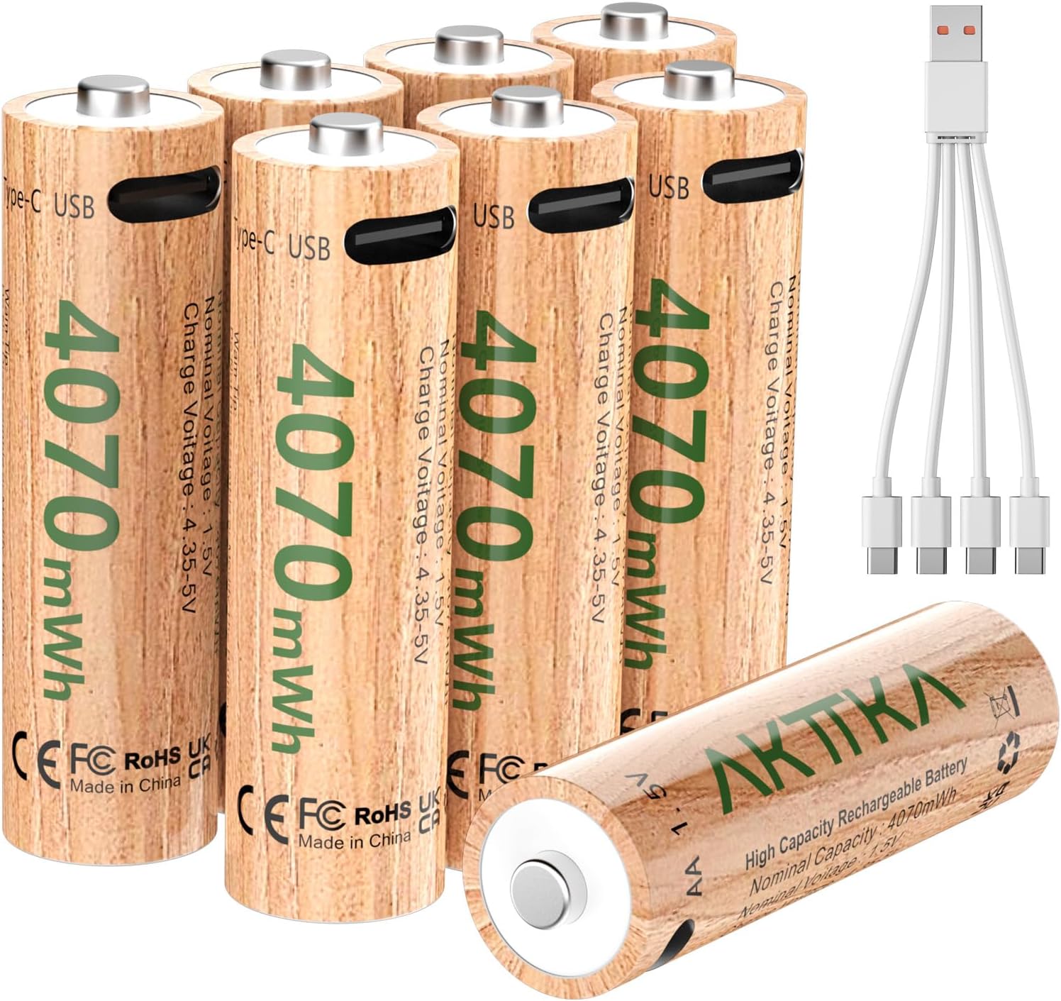AKTTKA Juego de 8 Pilas AA de Litio 4070 mWh, 1,5 V, con Cable de Carga USB C de 1 a 4 USB, Gran Potencia para mandos de Juegos, cerraduras de Puertas Inteligentes, cámaras de vigilancia