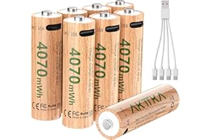 AKTTKA Lot de 8 Piles AA Rechargeables 4070 mWh 1,5 V Lithium avec Chargeur USB‑C 1‑vers‑4 Rapide, Puissance Stable pour manettes de Jeu, serrures intelligentes, caméras de sécurité, etc.