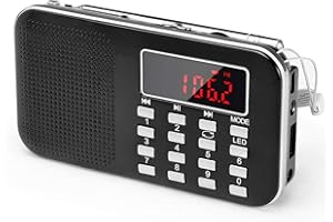 PRUNUS J-908 AM/FM Radio Portatil Pequeña Recargable, Radio Pequeña Digital con Linterna LED, Reproductor de TF/USB/AUX /MP3, Radio Bateria Recargable de 1200 mAh (Negro)
