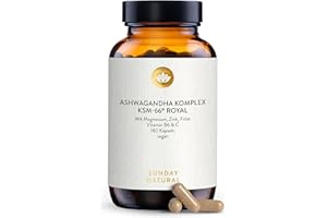 ‎SUNDAY NATURAL SUNDAY NATURAL® Ashwagandha Komplex KSM-66® Premiumrohstoff – 600 mg Bio Ashwagandha Kapseln hochdosiert je Tagesdosis - 180 Kapseln mit Magnesium, Zink & Vitamin B6 - Laborgeprüft, vegan