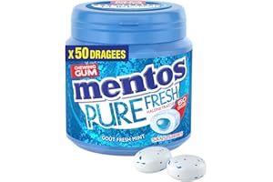 MENTOS GUM Chewing-Gum Mentos Pure Fresh Parfum Fresh Mint - Chewing-Gum Sans Sucres - Dure Longtemps - Haleine Fraîche - Boîte de 50 Dragées 100 g