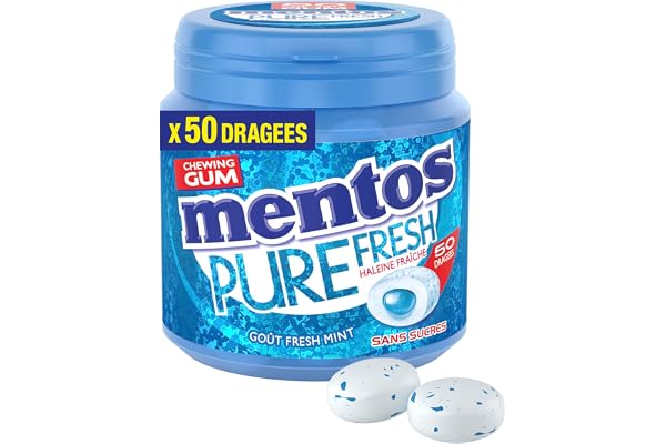 Mentos Gum Chewing-Gum Mentos Pure Fresh Parfum Fresh Mint, Sans Sucres, Boîte de 50 Dragées, 100g
