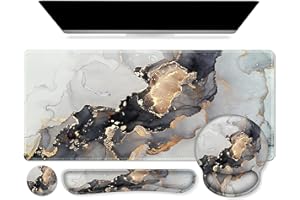 Mouse mat Set,iCasso Desk mat 900 x 400mm,Stitched Edges Gaming Mouse Pad & Mouse mat Wrist Support&Keyboard Wrist Rest,Waterproof Surface Desk Pad with Non-Slip Rubber Base (4Greymarble)