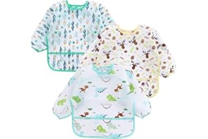 PandaEar 3 Pack Baby Weaning Bibs with Long Sleeves | Waterproof Toddler Bibs 6-24 Months