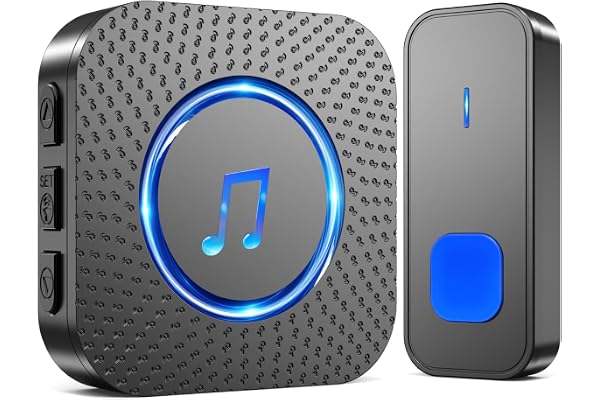 SURFOU Sonnette sans Fil, 400M Sonnette Longue Portée Exterieur Étanche Electronique, Kit de Carillon avec Récepteurs Enfichables pour la Maison, LED Bleu, 55 Mélodies, 5 Niveaux Volumes, Noir