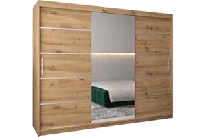 ‎MEBLE KRYSPOL MEBLE KRYSPOL Kleiderschrank mit Spiegel Verona 2 - Garderobenschrank - Schrank Schlafzimmer - Mehrzweckschrank DREI Schiebetüren - Regalen - Flur Möbel - Kleiderstange Schrank - Allzweckschrank