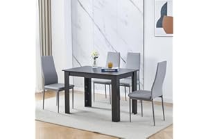 MENAKA Modern Black Dining Room Table Wooden and Grey Pu Leather Chairs Set of 4 for Small Space, 5pcs Kitchen Rectangular Table with 4 Chairs Set Space-saving (black table and 4 grey leather chairs)