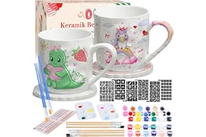FTUREERA Keramik Bemalen Set, Tassen Bemalen Set DIY Tassen Malset Enthält 2 Tassen 2 Untersetzer 12 Farben Pigment Pinsel Farbtablett Aufkleber und Anleitung zum Malen für Zuhause Erwachsene Kinder