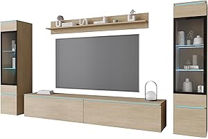 MINIO GO FOR IT MINIO - Wall units for living room with LED VEVE 2, 4-piece furniture set, Hanging or standing, Cabinet, Lowboard, Wall Board, Modern entertainment center - Gaja oak