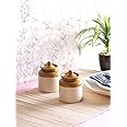 VarEesha Hand-made Brown Offwhite 4 Inch Small Ceramic Chutney Jars Set of 2|Non Airtight Old School Ceramic Barni| Ceramic Pickle Jars| Chutney Jars|200 ML (Set of 2 Multipurpose Kitchen Containers)