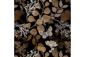 Fiula Papier peint autocollant vintage pour meubles, fleurs, papillons, papier peint adhésif, 41 cm x 3 m, marron foncé, motif feuilles, imperméable, blanc, papier mural en vinyle, salon, chambre à