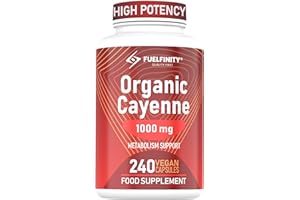 High Strength: Organic Cayenne Pepper Capsules - 1000mg Capsicum - 240 Capsules - Fat Management aid Loss - Cayenne Pepper Supplement - Vegan - FuelFinity® Superlative Quality (1 Pack)