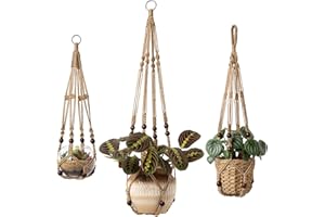Mkouo Lot de 3 pots de fleurs suspendus en macramé - Corde en jute avec perles sans pompons - Corde en jute - 58 cm/73 cm/89 cm