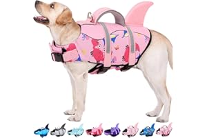 AOFITEE Schwimmweste Hund Große, Hundeschwimmweste Hai für Schwimmen, Hohe Flotation Rettungsweste mit Rettungsgriff und Reflektorstreifen für Kleine, Mittlere, Große Hunde, PinkCrab XL