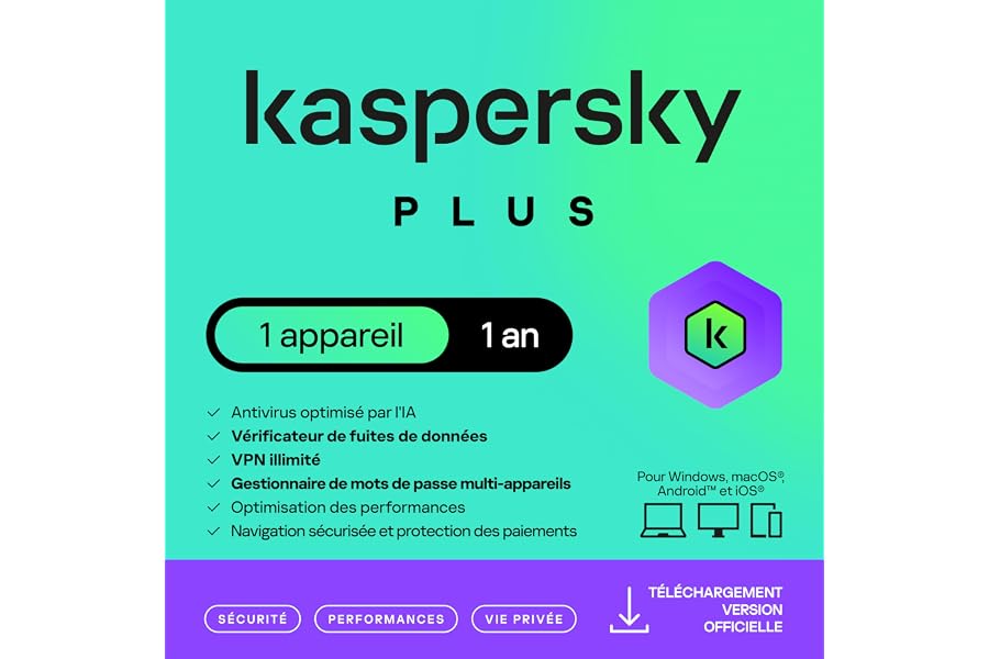 Kaspersky Plus Internet Security 2025 | 1 appareil | 1 an | Anti-Phishing et Pare-feu | VPN illimité | Gestionnaire de mots d