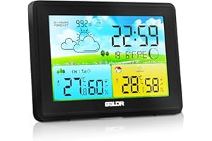 SKEUFY Wetterstation Funk mit Außensensor, Innen und Außen Temperatur/Luftfeuchte, Funkwetterstation mit Wettervorhersage, Barometer und Mondphase, Digital Farbdisplay DCF Funkuhr, zum Stellen/Hängen,Schwarz