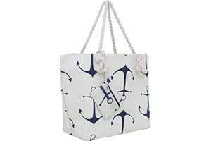 DonDon Borsa da spiaggia grande con chiusura zip 58 x 38 x 18 cm Shopper ancora beige blu yacht style