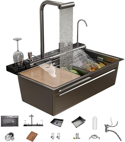 ARTLINE Küchenspüle Mit Digitalanzeige – Edelstahl, Wasserfall, 80x45 Cm, Schwarz