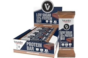 VITALDIN SPORT Low Sugar 33% Protein Bar Chocolate – 12 Barritas Proteicas x 45 gr; sabor Chocolate – Barrita Alto Contenido en Proteína y Bajo en Azúcar – Sin Azúcares Añadidos
