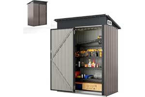 HOMASIS Capanno da Giardino in Metallo con Tetto a Falda e 2 Finestre, Casetta da Esterno con 2 Paia di Guanti, Ripostiglio da Giardino Resistente alle Intemperie, 150 x 90,5 x 185 cm (Grigio caldo)