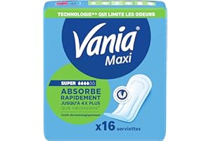 Vania Serviettes Hygiéniques Maxi Super (paquet de 16 pièces) – Serviettes à absorption rapide haute tolérance – Protection périodique avec forme anatomique et 4 barrières protectrices