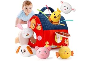 Loyzico Jouet Bebe 6 Mois 1 an, Jouet d'Éveil Sensoriel de la Ferme en Peluche avec Grange et 6 Animaux, Hochet- Jeux Montessori Enfant, Cadeau Garçon et Fille 6 9 12 Mois