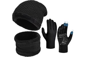 OOPOR Cappello Sciarpa Guanti Invernale Set - Uomo Donna 3 Pezzi Touch Screen Unisex Beanie Cappelli Fodera Pile Berretto Cappellino in Maglia per Outdoor Sport Running Bici Mtb Corsa Trekking Sci Moto