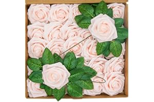 ROYALLATO 20PCs Artificial Roses Artificial Flowers Fake Flowers Faux Flowers Pink Foam Roses with Stem for Wedding Flowers Decorations DIY Bridal Bouquets Christmas Cake & Home Decoration
