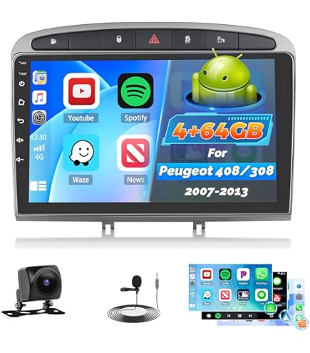 Autoradio Android 9" Per Peugeot 308/408 (2008-2015) - GPS, Bluetooth, WiFi, Touchscreen, Con Telecamera Retro