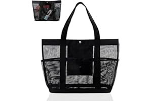 Lvjkes Sac de plage xxl avec 7 Poches, Pliable grande capacité sac courses, Pour plage, natation, camping, voyages, gym, 49 x 33 x 15 cm (Noir)