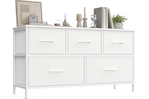 SONGMICS Chest of Drawers, 5 Storage Drawers Bedroom, Storage Unit, Steel, MDF, Non-Woven Fabric, for Bedroom, Closet, Hallway, Living Room, Cloud White and Snow White LGS322WH01