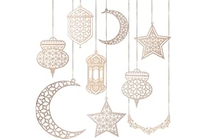 ‎MECCTUCK Mecctuck 9 Stück Ramadan Deko, Holz Anhänger Ornament, Ramadan Mubarak & Eid Mubarak Dekoration, Islamische Deko, Mond & Stern Anhänger für Ramadan & Eid Party Deko