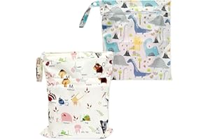 CQQNIU 2 Pcs Baby Waterproof Diaper Organizer, Washable Reusable Double Zipper Diaper Day Care Wet Bag for Swimwear Baby Products (Dinosaurs, Letters)
