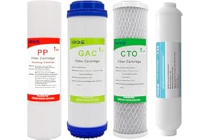 HiKiNS Juego de filtros de repuesto de ósmosis inversa de 5 etapas PP sedimento, GAC granulado de carbono activo, CTO y T33 post carbono (paquete de 4 unidades sin membrana RO) estándar de 10 pulgadas