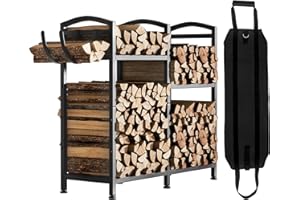 Yorbay Estantería para leña de metal con diseño de capas interior: estantería para leña con gancho y bolsa para leña – negro estable almacenamiento de leña al aire libre – Estantería de madera para