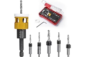 DKEVEU Juego de 5 Brocas Avellanadoras, Avellanador con Tope de Profundidad Ajustable, Brocas para Madera con Vástago Hexagonal de 1/4 Pulgadas, de HSS-M2, Agujeros Precisos para Carpintería (Amarillo)